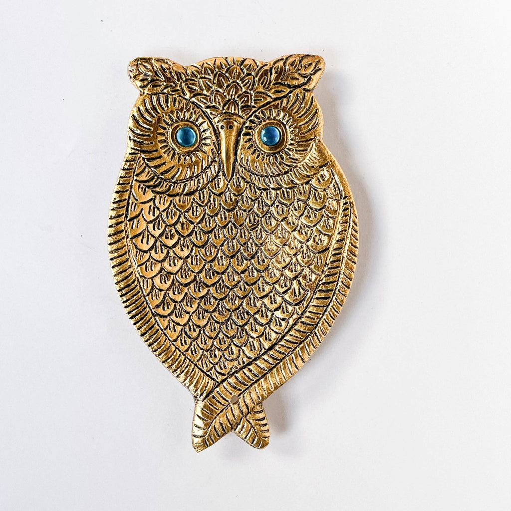 Artschatz LLC - Owl Incense Holder - Gold with Turquoise Eyes