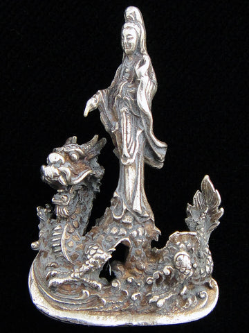 Tika - Brass Deity Statuette -Small- Quan Yin on Dragon